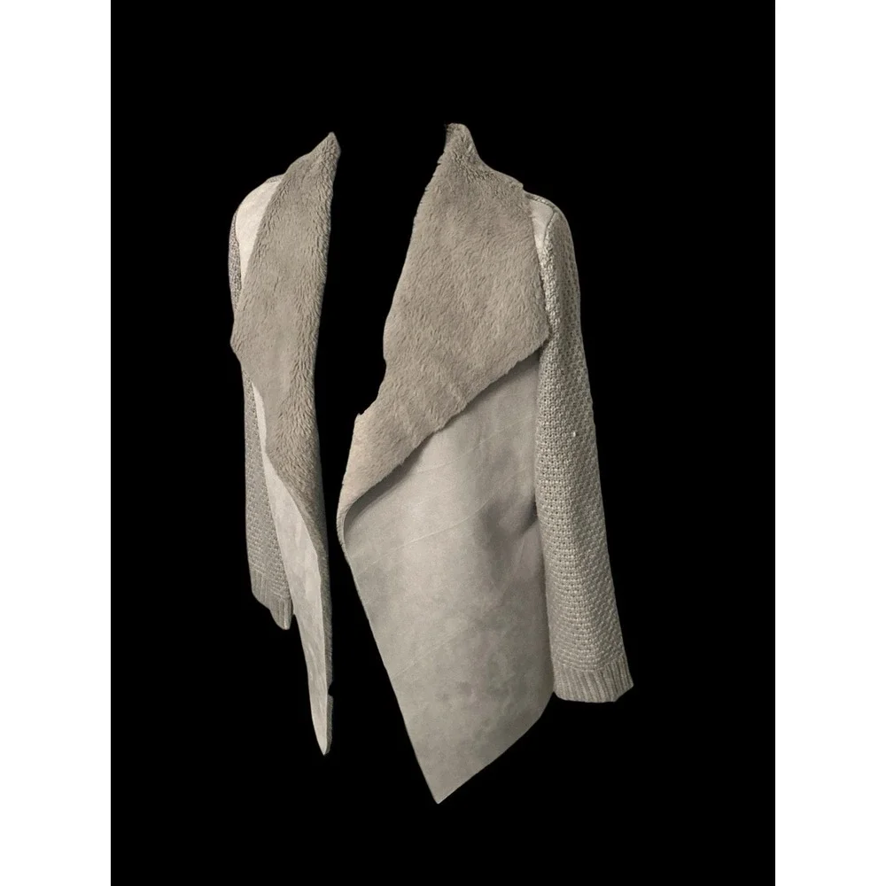 OnTwelfth Faux‎ Shearling Open Front Cardigan Jacket Sweater Grey Women's Medium